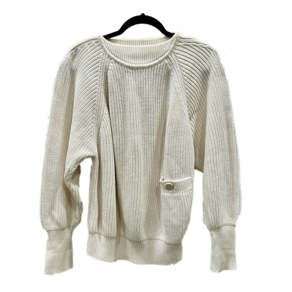 CHANEL CC Logo Button Low Gauge Knit Sweater Jumper 40 Cream White